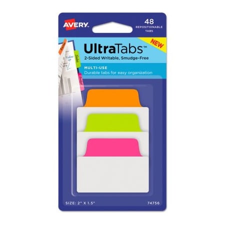 Avery Dennison Avery Ultra Tabs Repositionable Tabs, 2in x 1-1/2in, Neon: Green, Orange, Pink, 48/Pack 74756
